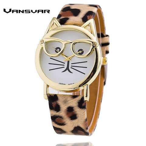 Vansvar Hot Sale Glasses Cat Watch Fashion Leather Strap Wrist Watch Women Quartz Watches Reloj Mujer Relogio Feminino 1597