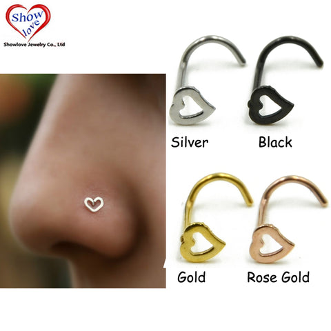 Showlove-4pcs Surgical Steel Hollow Heart Nose Screw Rings Studs Piercing Free Shipping