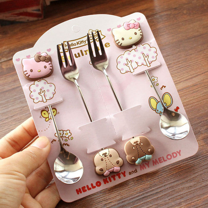 Hot sales Kawaii Hello Kitty Twin Star Melody 4 Pieces Stainless Steel Coffee Spoon Fork Dinnerware Set Children Gift Tableware