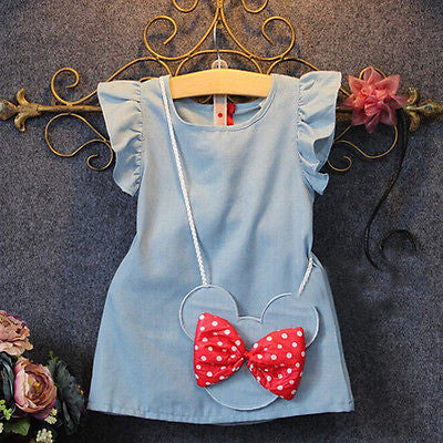 2016 Baby Toddlers Kids Girl Solid Dress Minnie Mouse Sleeveless Bag Ruffles Demin Casual Dresses 1-5Y