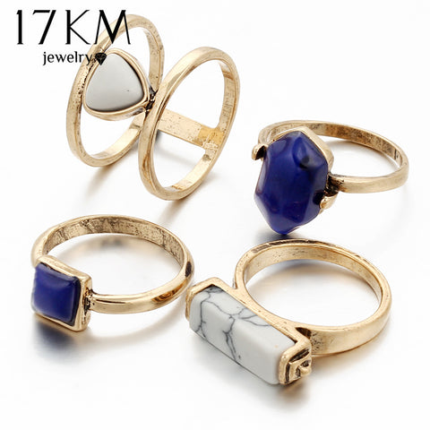 17KM Vintage 4 PCS Ring Set Punk Silver Color Stone Rings For Women/Men Bead Finger Gold Color Ring 2016 Bohemian Midi Ring Set