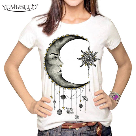 YEMUSEED Women Fashion Hipster Sun and Moon Cartoon Printed Tops Tumblr Harajuku Pencil Drawing 3D T shirt Tees Plus Size XL