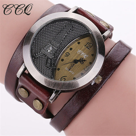 CCQ Brand Vintage Tower Watch Genuine Leather Bracelet Watches Casual Women WristWatch Quartz Watch Relogio Feminino 1292