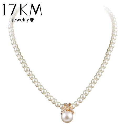 17KM Korean Fashion Imitation Pearls Cute Rhinestone Pendant Necklace Hot Sale Jewelry For Women Wholesale