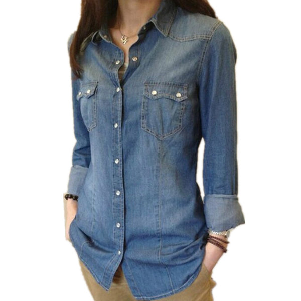 Womens Chambray Shirt Top denim Shirts and Blouses Long Sleeve Snap Button Cotton Ladies Shirt Camisa Blusa Camisetas Femininas