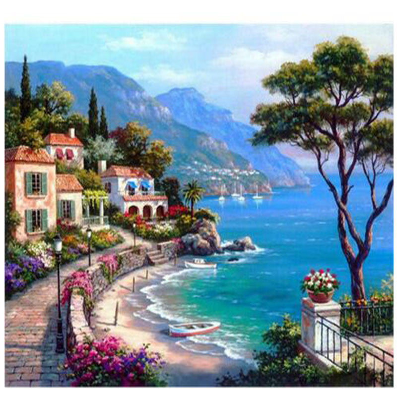 Diamond mosaic full diamond embroidery beads Beautiful Seaside Town Trees diamond cross stitch Square diamond unfinished kits zx