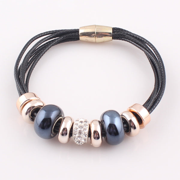 2016 New Fashion 6 Layer Leather Bracelet Bangle with Europe Big Hole Beads Charms magnetic clasp bracelet JJAL B320