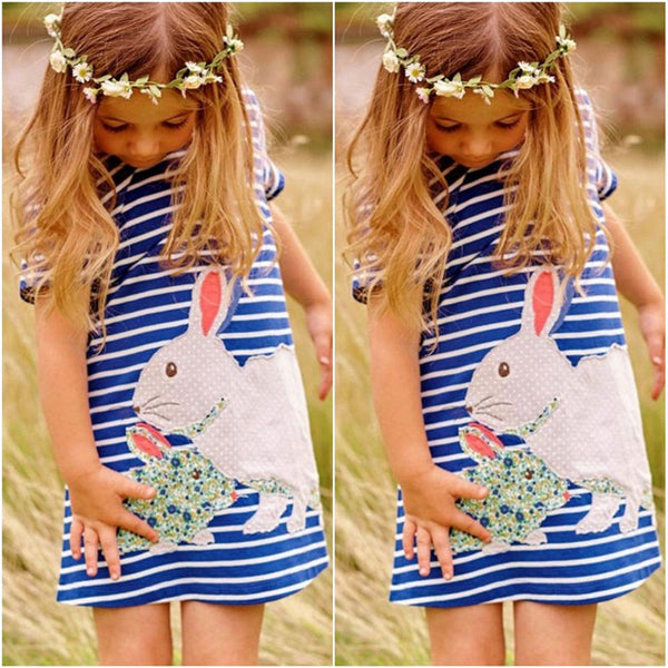 Cartoon Rabbit Kids Baby Girls Dress White And Blue Striped Summer One pieces Cute O Neck Mini Dress 2-7Y