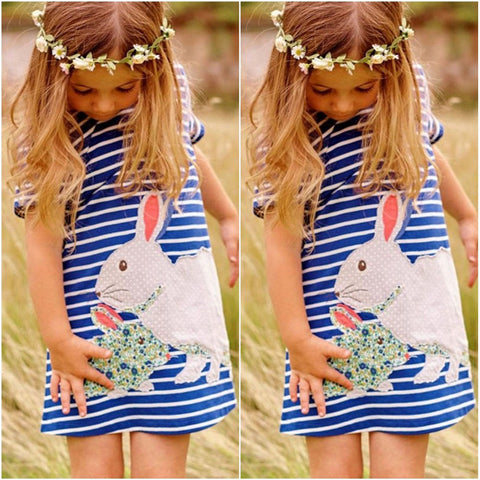 Cartoon Rabbit Kids Baby Girls Dress White And Blue Striped Summer One pieces Cute O Neck Mini Dress 2-7Y
