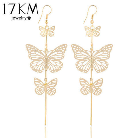 17KM New Fashion Gold Color Alloy Double bow Butterfly drop earrings jewelry Hollow flower Long tassels earring