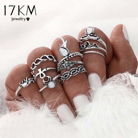 17KM 10pcs/Set Gold Color Flower Midi Ring Sets for Women Silver Color Boho Beach Vintage Turkish Punk Elephant Knuckle Ring