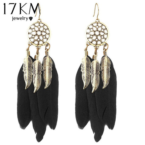17KM Vintage Men Women Dream Catcher Long Feather Drop Earrings Retro Tibetan Earrings Pendiente Women Earrings Gift bijoux