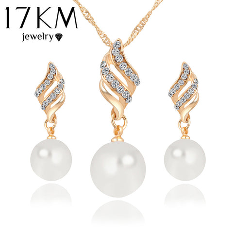 17KM Fashion Women Necklace Earrings Jewelry Sets Crystal Gold Color Big Simulated Pearl Wedding Party Jewelry Sets For Women