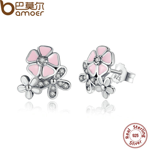 BAMOER 925 Sterling Silver Poetic Daisy Cherry Blossom Drop Earrings Mixed & Clear CZ Pink Flower Women Engagement PAS461