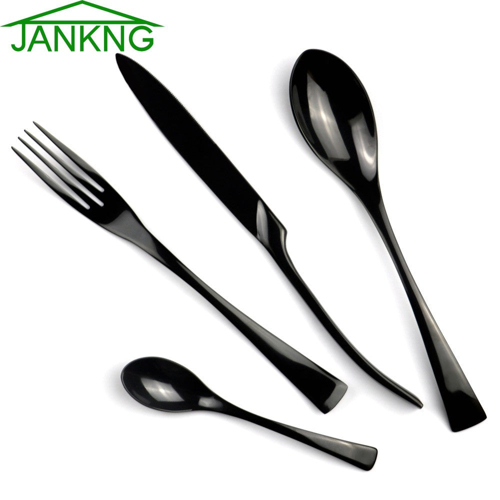 JANKNG 4Pcs/Lot Black Stainless Steel Flatware Set Polishing Cutlery Set Kitchen Tableware Fork Steak Knife Spoon Dinnerware Set