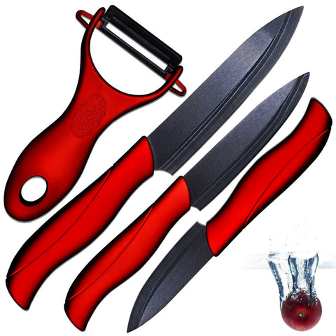 Ceramic knife 3" paring 4" utility 5" slicing knife and one sharp black balde+red handle peeler accessories kitchen knives set