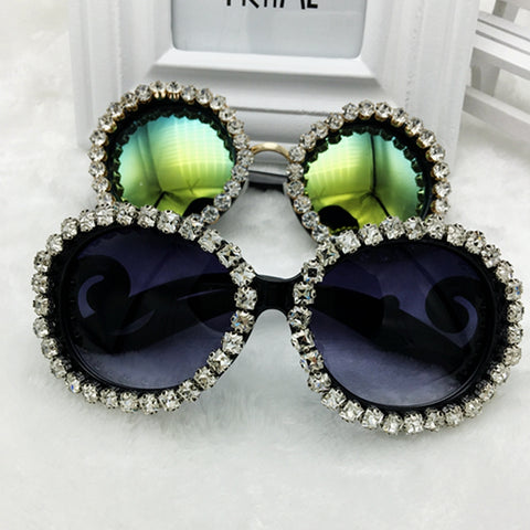 Big Designer Handmade Vintage Polit &Round  Sungalsses Crystal&Rhinestone Luxury ladies Sunglasses Beach&Party Women Sunglasses