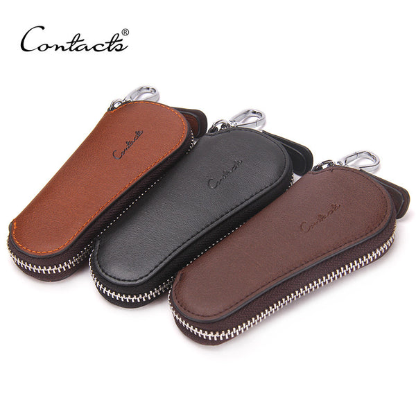 CONTACT'S Men Genuine Cow Leather Bag Car Key Wallets Fashion Women Housekeeper Holders Carteira Keychain Zipper Key Case Pouch