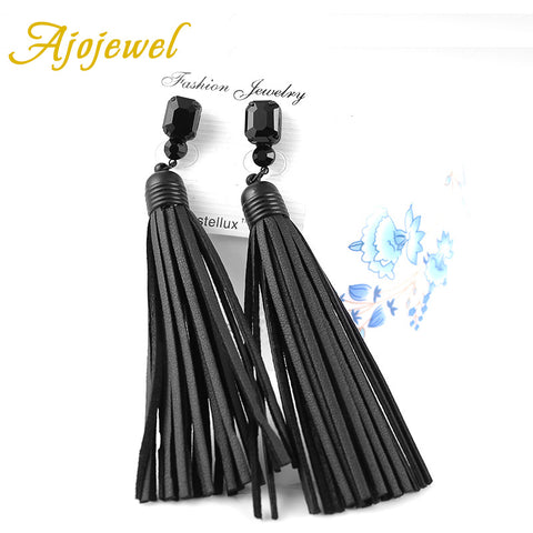 Ajojewel Trendy Vintage Black Glass Crystal Long Tassel Designer Handmade Red / Black Leather Earrings For Women