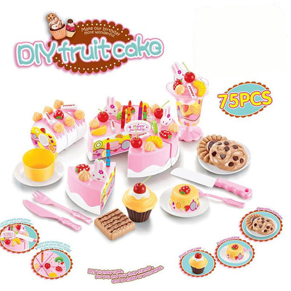 75Pcs Kitchen Toys Pretend Play Cutting Birthday Cake Food Toy Kitchen For Children  Cocina De Juguete Plastic Play Food Tea Set