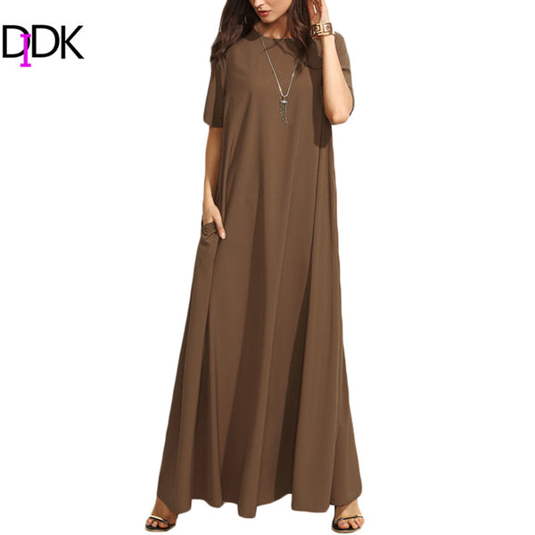 DIDK Summer Casual Long Dresses For Woman Plain Brown Crew Neck Short Sleeve Zipper Back Loose Shift Maxi Dress