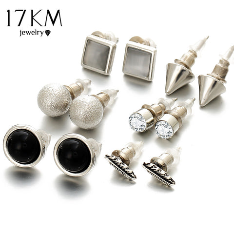 17KM 6Pcs/Set New Fashion Silver Color Ball Crystal Stud Earrings For Women Vintage Leaf Earring Set Boho Punk Accessories