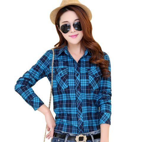 2016 Autumn New Arrival Flannel Plaid Shirt Women Casual Cotton Plus Size Long Sleeve Blouses Shirts Clothing Girl College Style