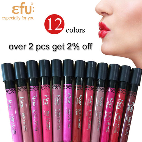 Amazing 12 Colors Waterproof Lip Gloss Long-Lasting Matte Lipstick Liquid 6.6g Makeup Brand EFU #21010