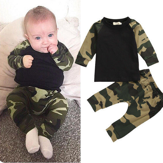 Cute Camouflage Newborn Baby Boys Kids T-shirt Top Long Pants Army Green Baby Boys Clothing Outfit Clothes Set